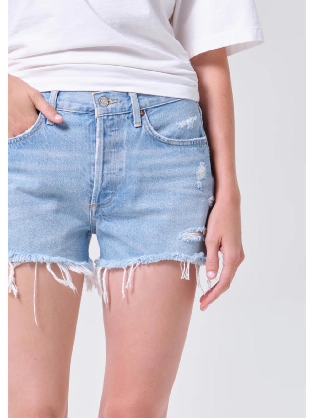 Agolde Light Blue Distressed Denim Jean Shorts